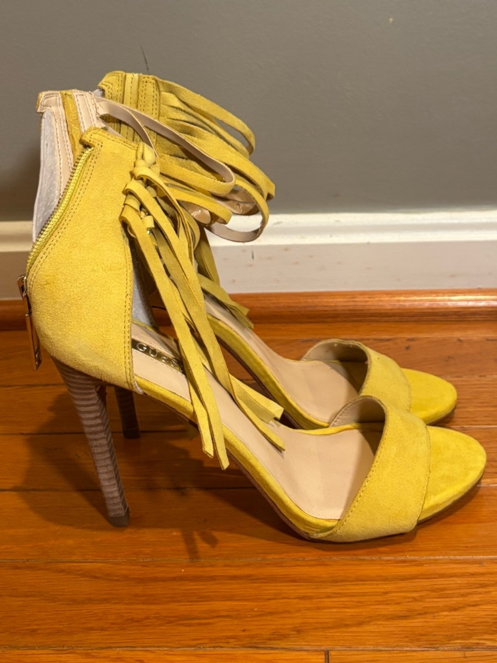 Yellow Fringe Suede Ankle-Tie High Heel Sandals